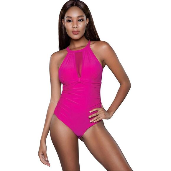 Women’s Medium One Piece Swimsuit Fuchsia Pink High Neck Mesh NEW - Picture 1 of 8